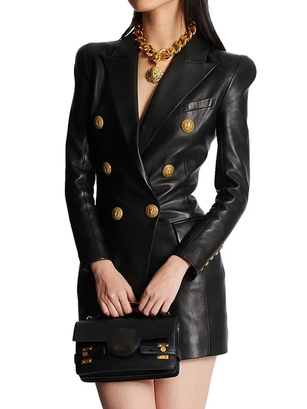 NEW Arrivals S-2XL Luxury Fashion New Slim Double Breasted Leather Suit Short Dress Elegant Women's Long Sleeve Blazer Dress
