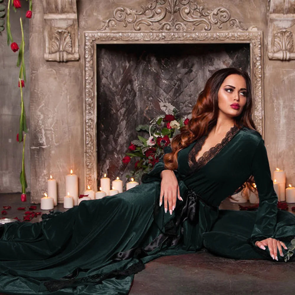 NEW Arrivals Luxury Black/Red Ultra Long Morning Velvet Dress Gown Autumn Winter Velour Sleepwear Women Warm Bathrobe Kimono Sexy Lace Trim Nightgown Bride Home Wear Ladies Luxury Lingerie Fashion Clothing Products