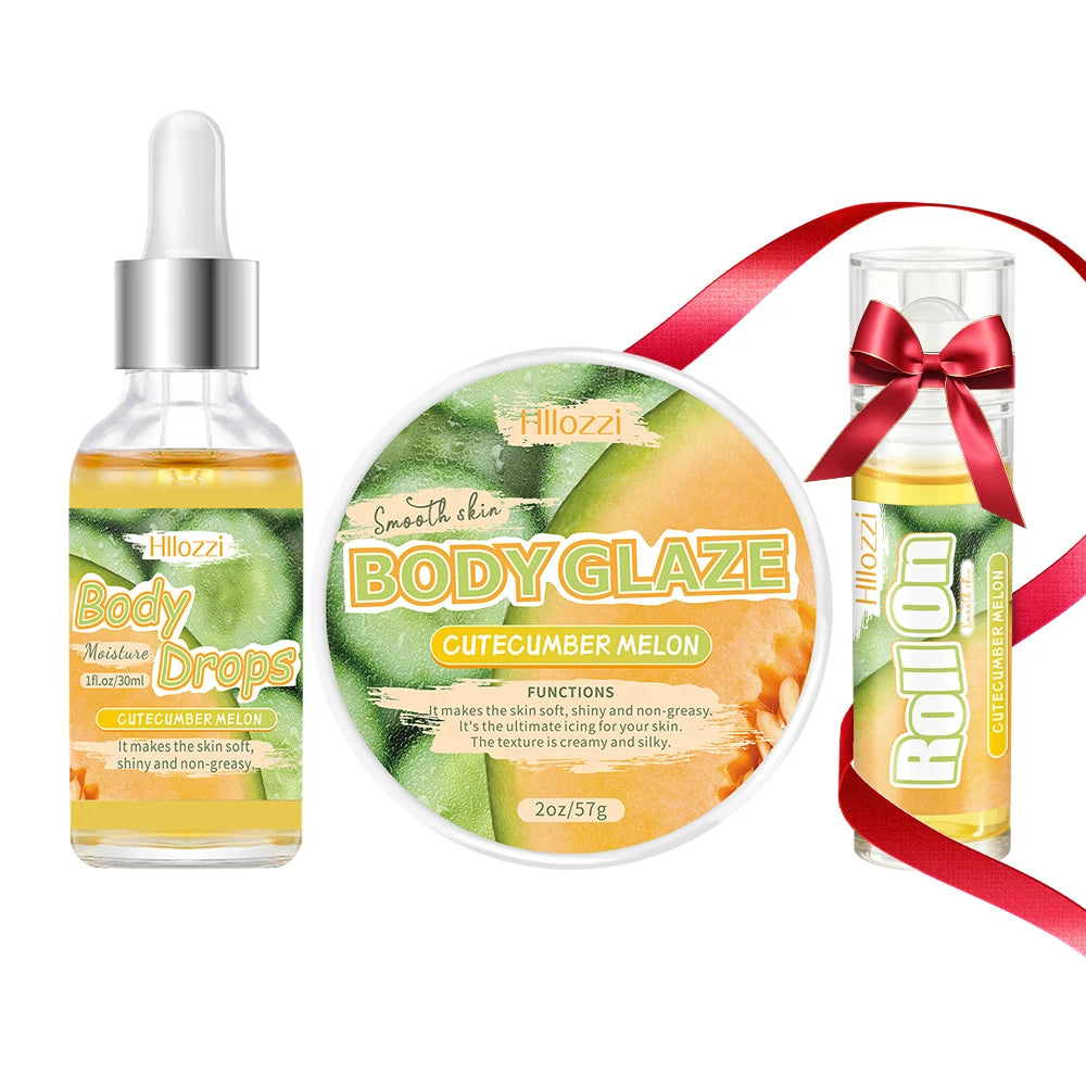 3 PCS Set Cucumber Melon Body Oil and Glaze Set Comes with a Free Rollerball Applicator for Moisturizing and Hydrating Dry Skin. Face Body Skin Care Sets Korean Products