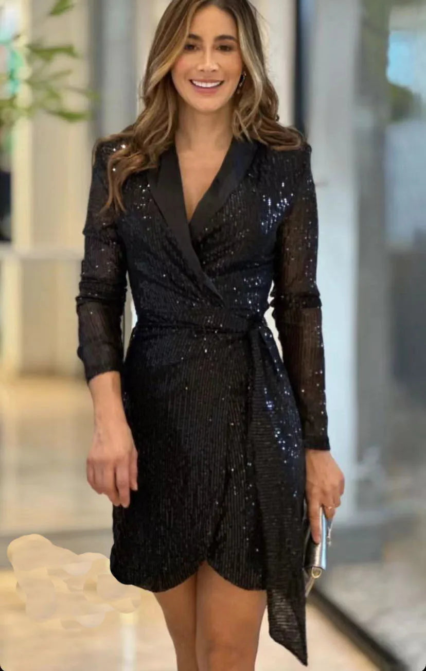 NEW Arrivals S-3XL UK Size 7 Colors Women's Luxury Spring Summer New Collection Solid Color Fashionable Sexy Waist Series Sequined Suit Collar Long Sleeved Lace Up Dress Ladies Luxury Fashion Apparel Supplies