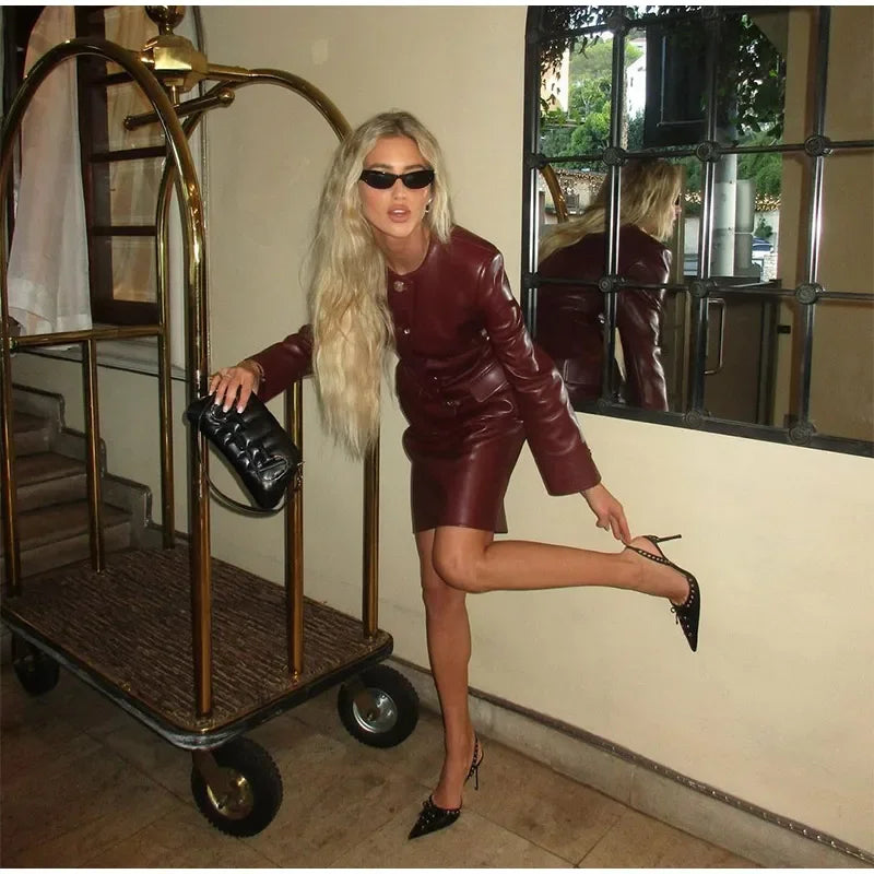 NEW Arrivals 2PCS Suit UK Size Luxury Burgundy (Claret) PU  Leather Skirt +Coat Sets Elegant O-Neck Single Breasted Slim Jackets Female Office Lady Evening Party High Streetwear