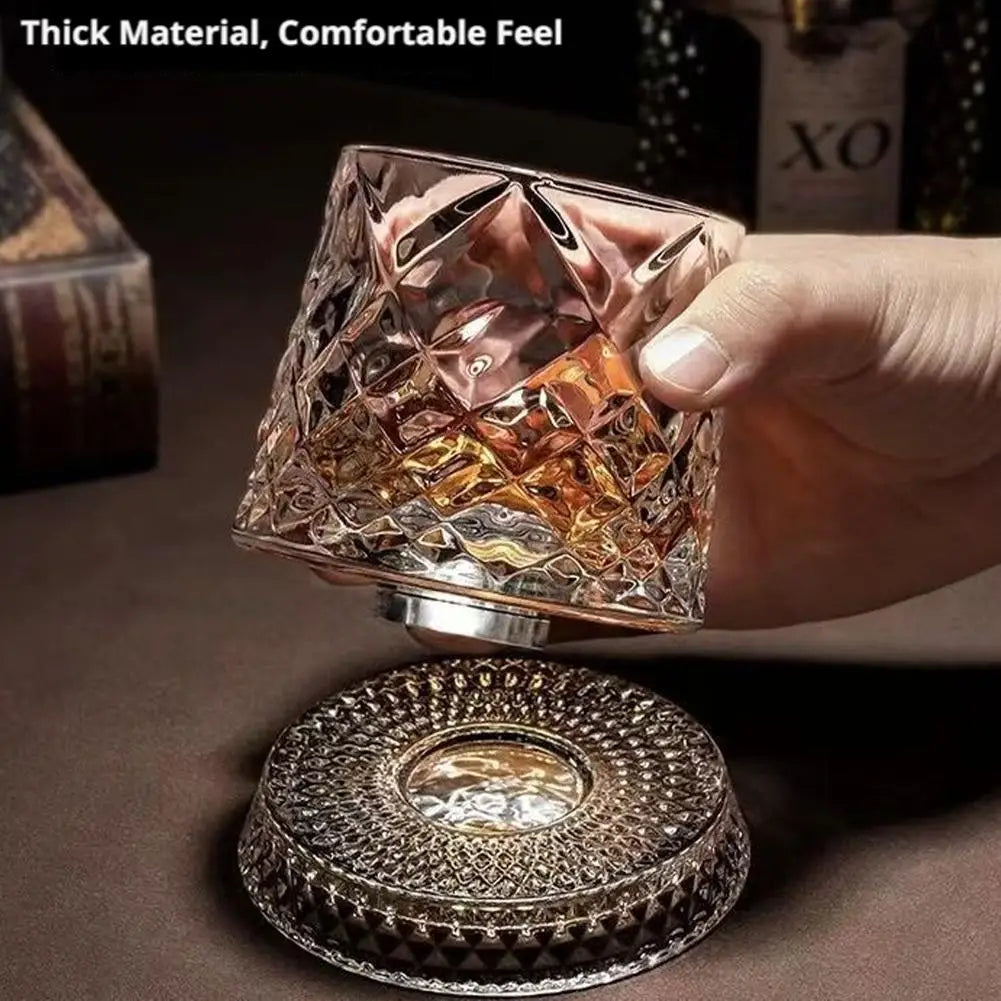 NEW 280ml Crystal Luxury Elegant Liquor Cup Rotating Whiskey Porcelain Glass Crystal Bottom Diamond Ice Flower Bubble Pattern Spinner Home Barware Glass Cup