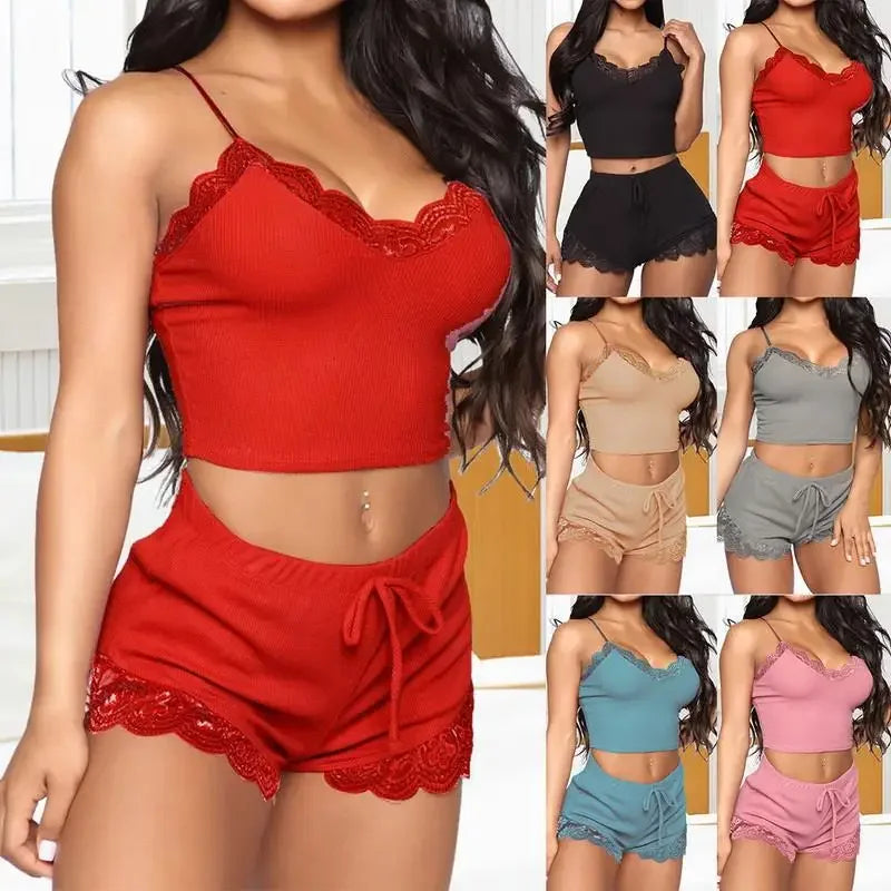 NEW Arrivals S-3XL Plus Size Fashionable Lace Erotic Color Block Set Chubby Women's Underwear V-Neck Sleeveless Sleepwear Comfortable Breathable Girls Home Clothes