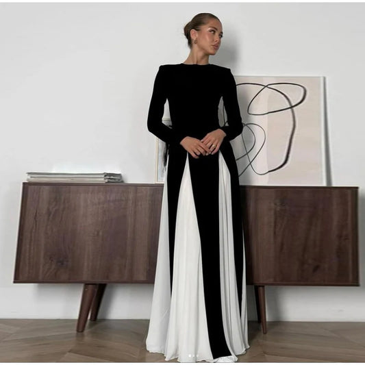 NEW Italian Fashion Gauze Contrasting Color Strap Sling-Long Sleeves Maxi Dress For Women Girls Elegant Backless Sleeveless High Waist Evening Party Dress Female Ladies Luxury Fashion Clothing Supplies