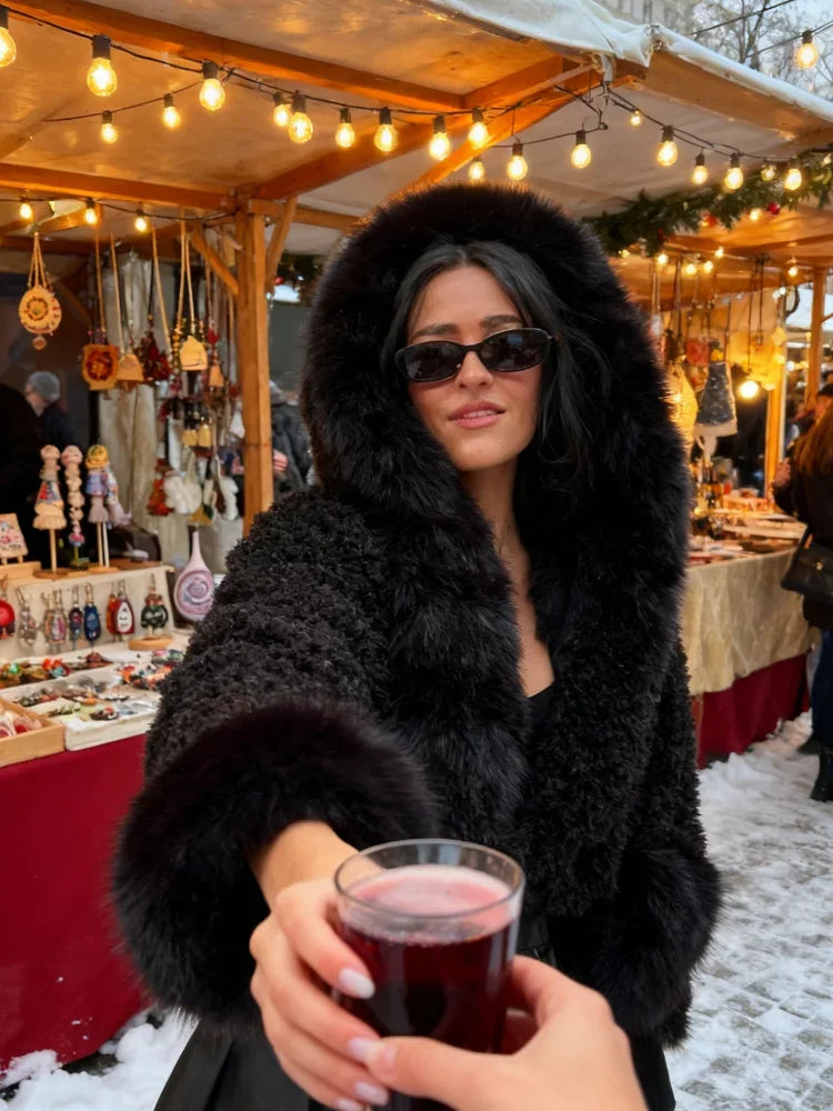 Black/White Color Winter Warm Fur Short Overcoat Women Solid Patchwork Full Sleeve Hooded Loose Thicken Coat Lady Daily Commute Winter Outwear