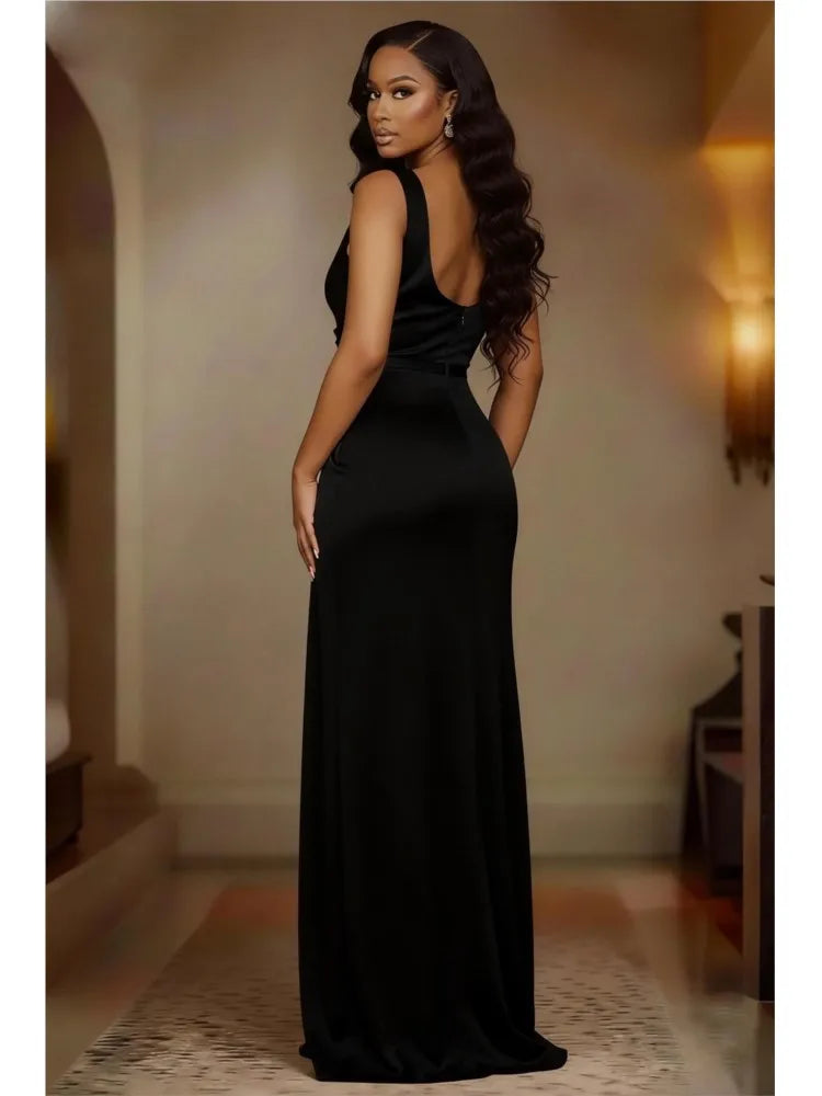 10 Colors S-3XL UK Plus Size Satin Luxury Elegant Women Solid Color Satin Sleeveless Long Dress Summer Sexy Backless High Waist Ruched Slim Fit Hight Split Evening Party Dresses