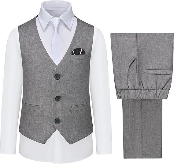 3 PCS Set 10 Colors Boys Kids Vest and Pants Set + Tie + Bowtie Formal Dress Suit Teen Boy Wedding Guest Evening Birthday Party Communion Outfit Kids Piano Host Performance Costume