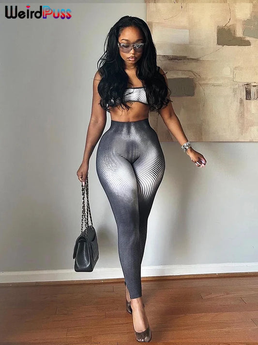 Luxury Gradient Print 2 Piece Set Women Skinny Striped Stretch Tank Tops+Leggings Matching Casual Sporty Streetwear Outfits