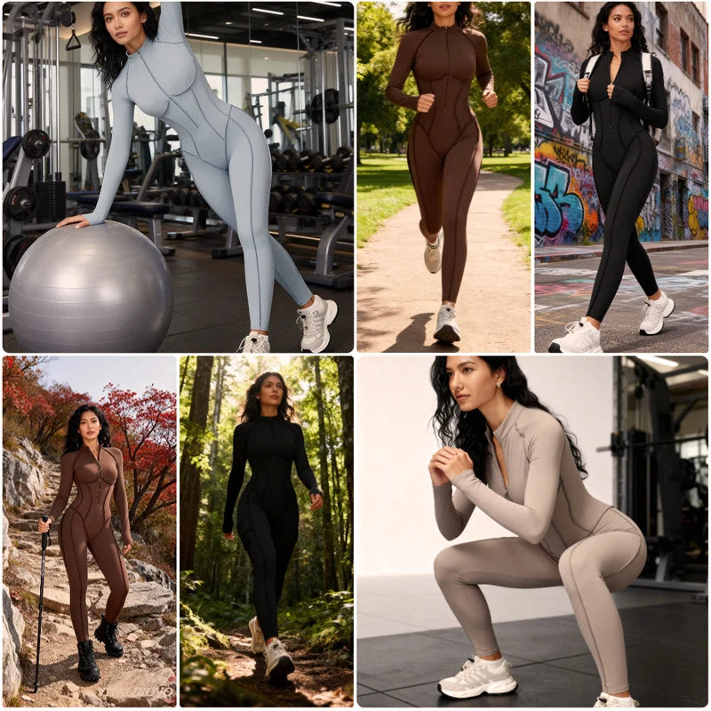 5 Colors Women's Running Onesie Athletic Romper Pants Long Sleeve Zip Up Hiking Outfits One Piece Workout Bodycon Jumpsuits emale Sports Apparel Supplies