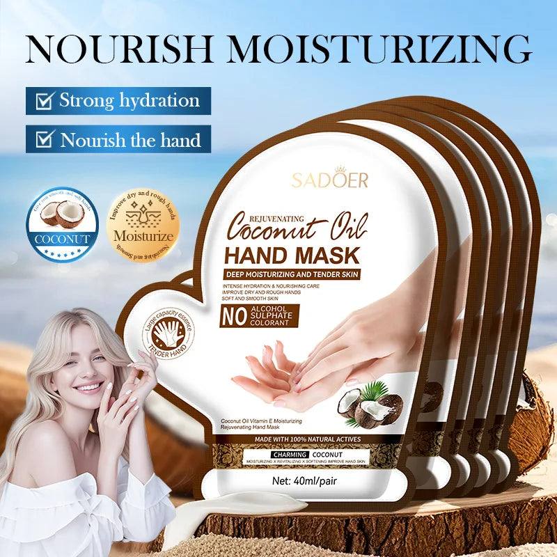 5 Pairs Set Coconut Moisturizing Hand Mask Whitening Nourishing Anti-Aging Hydrating Hand Gloves for Hands Korean Skin Care Products