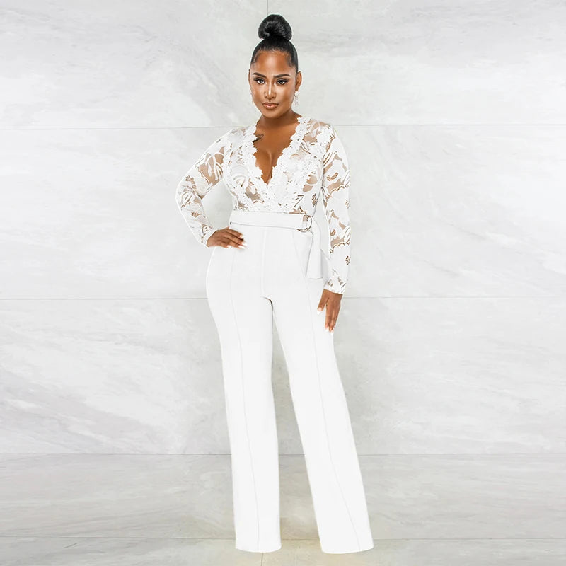 Fashion Casual Women Lace See through V Neck Jumpsuit Long Sleeve  Wide Leg Pants with Belt Rompers Overalls Casual Streetwear