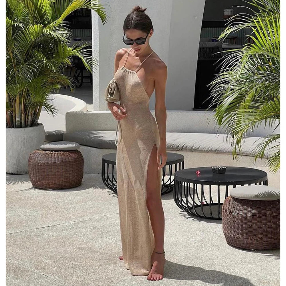 NEW Arrivals Only Large Size Female Girls  Knitted Cover Up Beach Sexy See Through Maxi Slit Bodycon Summer Dress Bikini Swimwear Swimsuit  Cover-Ups  Elegant Halter Beach Dress Women Ladies Sexy Summer Fashion Apparel Produc