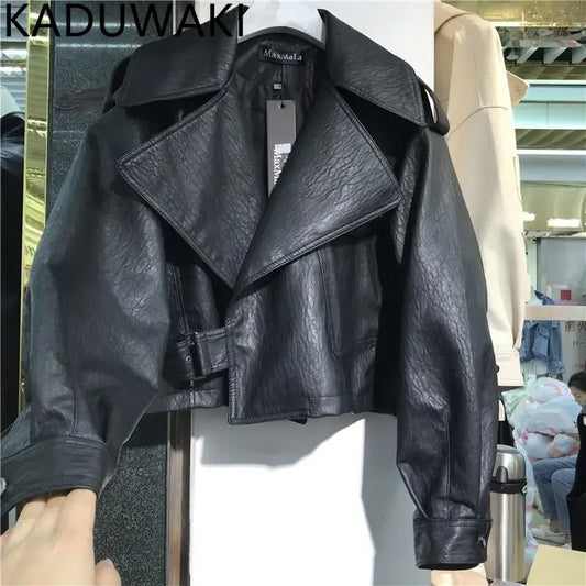 NEW Arrivals Vintage Casual Streetwear Women Leather Jacket Turn Down Collar Long Sleeve Loose Autumn Winter Coat  Style Chic Tops