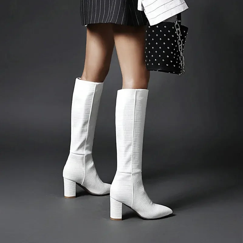 Yellow Navy Blue Crocodile PU Skin Leather Knee-high Riding Women Winter Shoes Block High Heels Western Boots