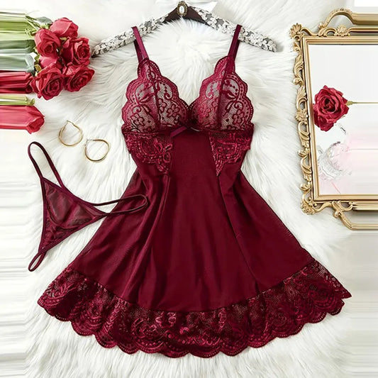 NEW Arrivals 2PCS Set S-2XL  G-String Nightgown Set For Sexy Woman Summer Night Dress Ultra-Thin See-Through Pajamas Sets Lace Sleepwear Suspender Lingerie Ladies Sexy Nightdress Suit