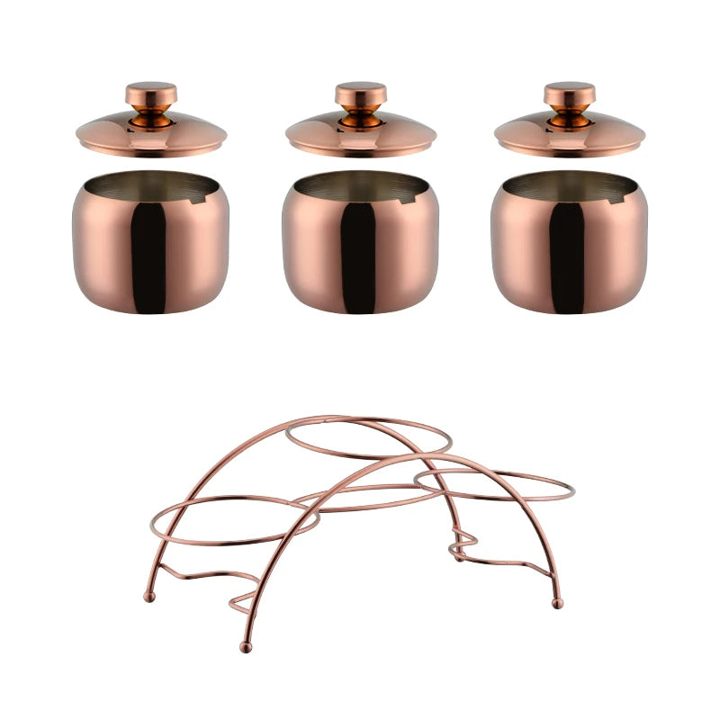 3 PCS Luxury Set + 3 Matching Spoons 304 Stainless Steel Gold Seasoning Condiment Pot Set Spice Salt Sugar Container Pepper Jar Tool with Lid and Spoon Holder Rack Home Tableware Tools Sets
