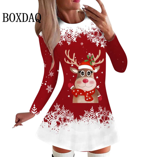 NEW Arrivals  Christmas New Year Eve Elk Dress S-3XL 5 Types Women Christmas Snowflake Dress Winter Warm Long Sleeve A-Line Mini Dresses Xmas Holiday Party Clothes Ladies Streetwear Girls Casual Fashion Clothing Supplies