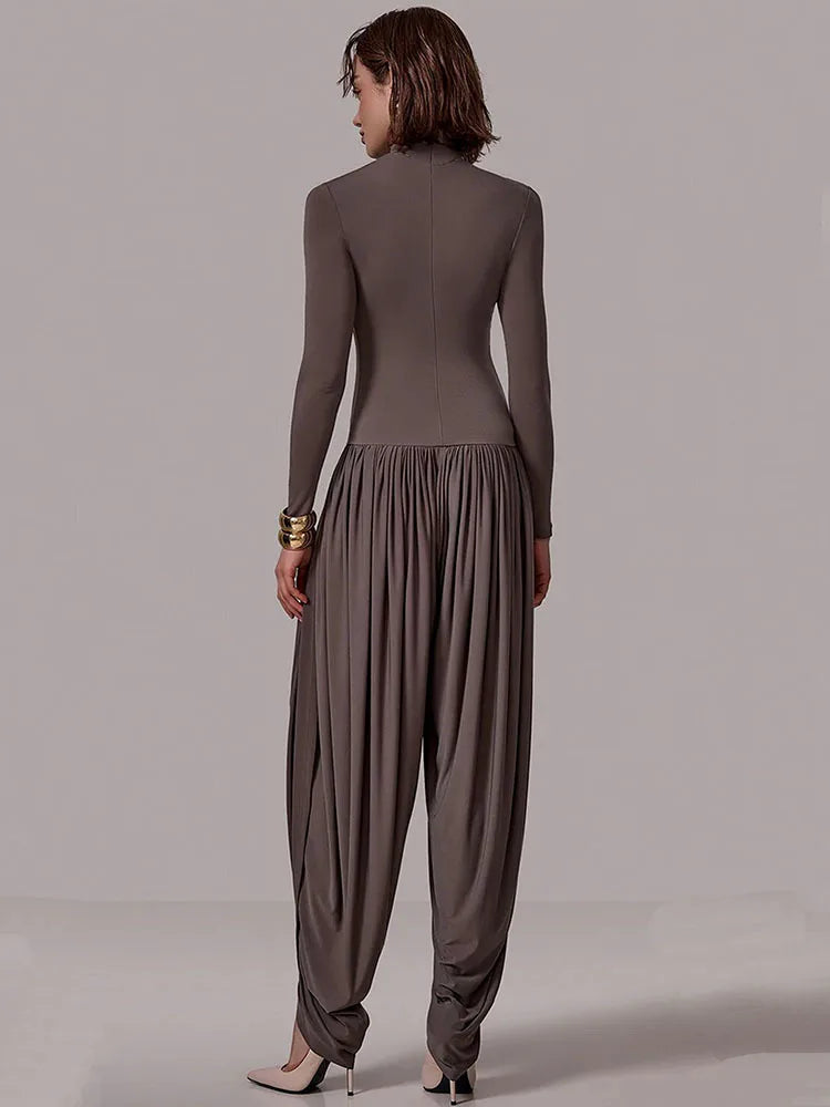 NEW Black/Gray/Coffee Color UK Size Long Sleeve Draped Sexy Jumpsuit Women Overalls Autumn Winter New Patchwork Solid Turtleneck High Waist Slim Jumpsuits Girls Streetwear Clothes