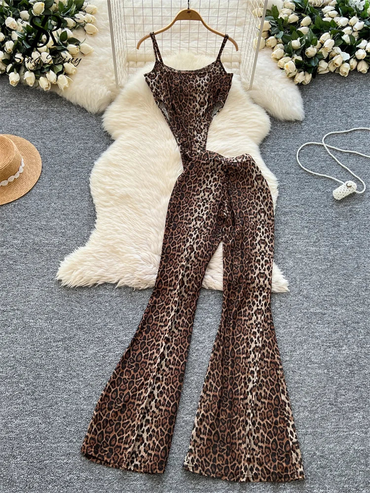 Newest Leopard 2PCS Suits UK Size Women Sexy Strap Tops +Elastic Waist Flared Pants American Ins Fashion Hot Sets