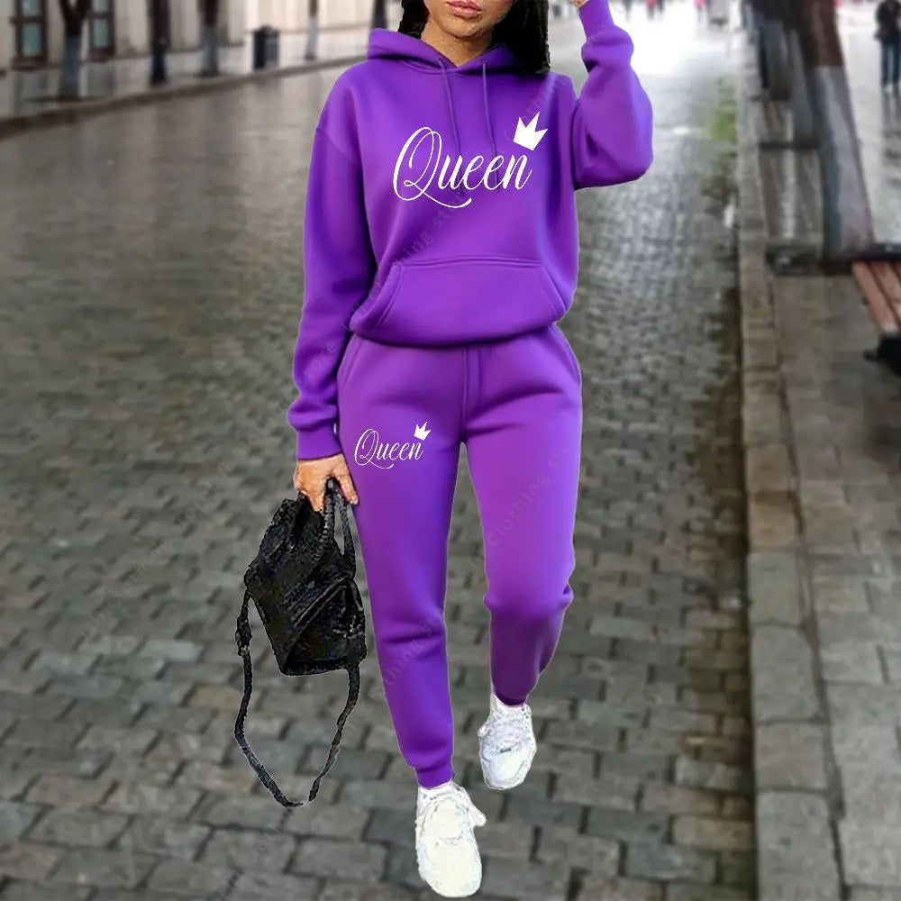 NEW 2PCS Set S-3XL UK Plus Size 10 Colors Queen Letter Graphic Women's Sets Hoodies Pants Suit Autumn Winter Sports Jogging High quality Aesthetic Tracksuit