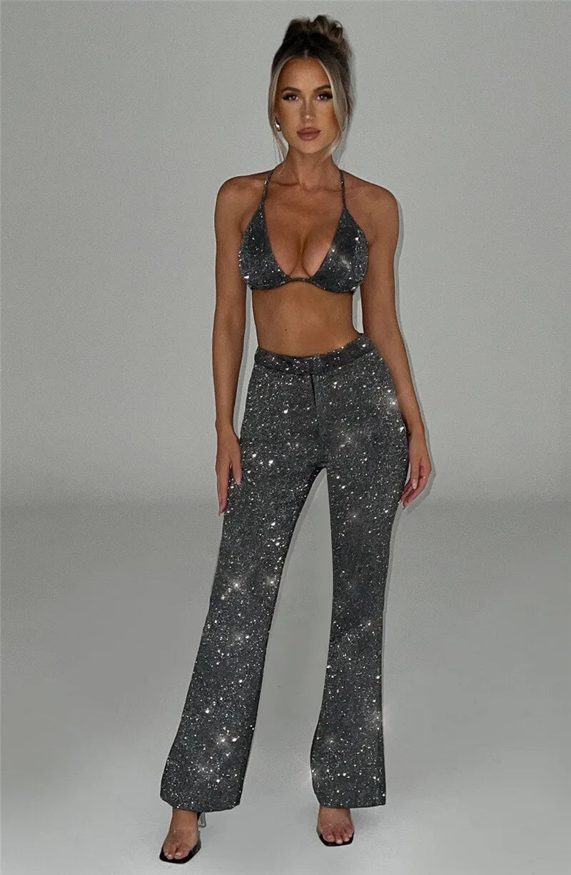 New In Sparkle Sexy Pants Sets Women Autumn Winter New Glitter Long Sleeve Blazer Bra And Trousers Femme Shiny Three Piece Set