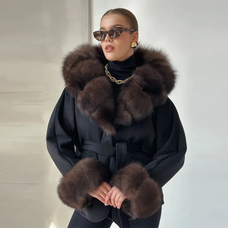 NEW UK Size Black/White/Gray Color Elegant Collar Fur Lace Up Coat Women Loose Full Sleeve Open Stitch Lapel Warm Coats Female Autumn Winter Thicken Top New Girls Winter Outwear