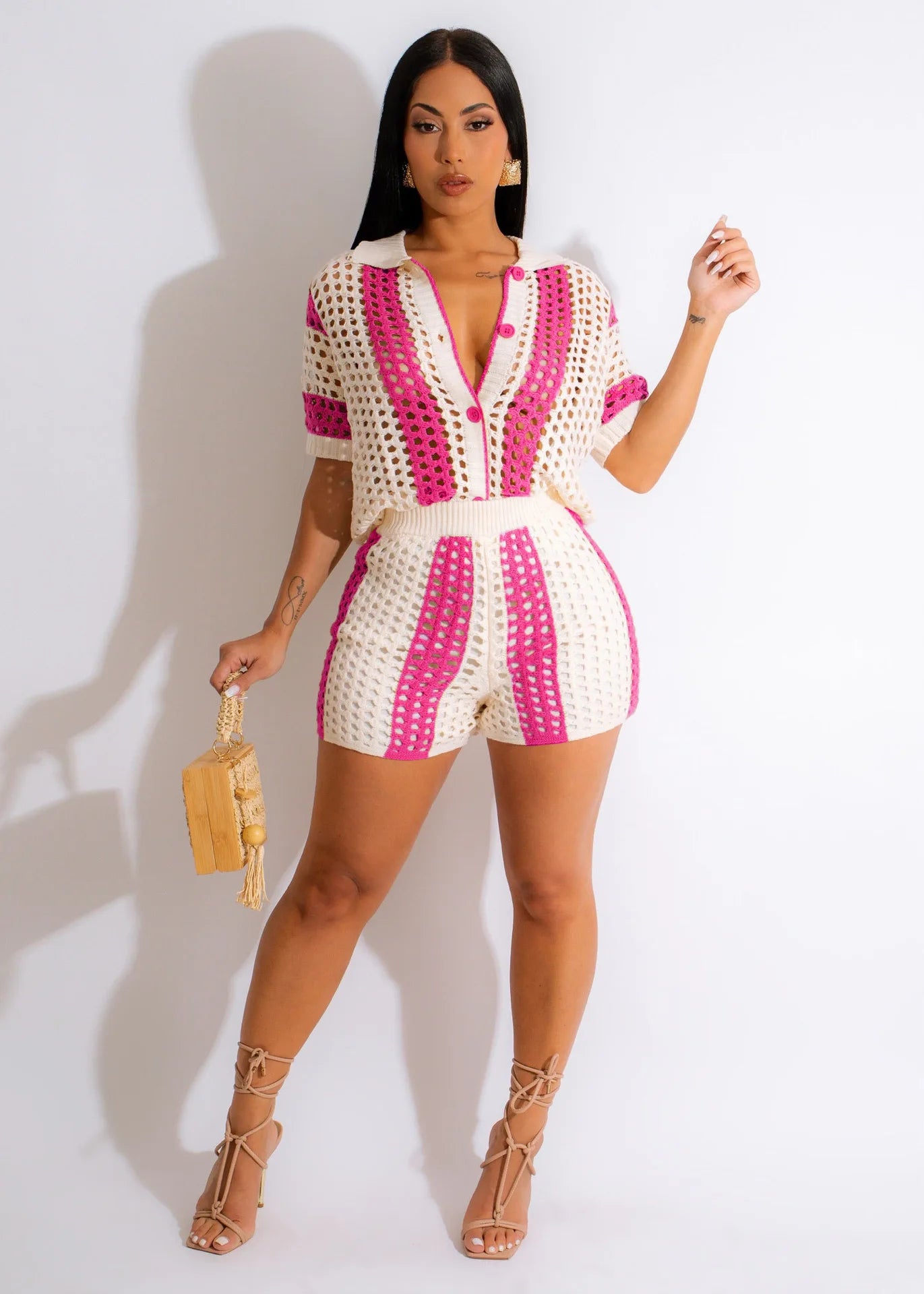 NEW Arrivals 2 PCS Set UK Size Pink/Khaki/Black Color Sexy Hollow Out Perspective Lapel Knitted Shorts Set, European and American, Hot Sexy Suit Ladies Girls Casual Fashion Clothing Supplies