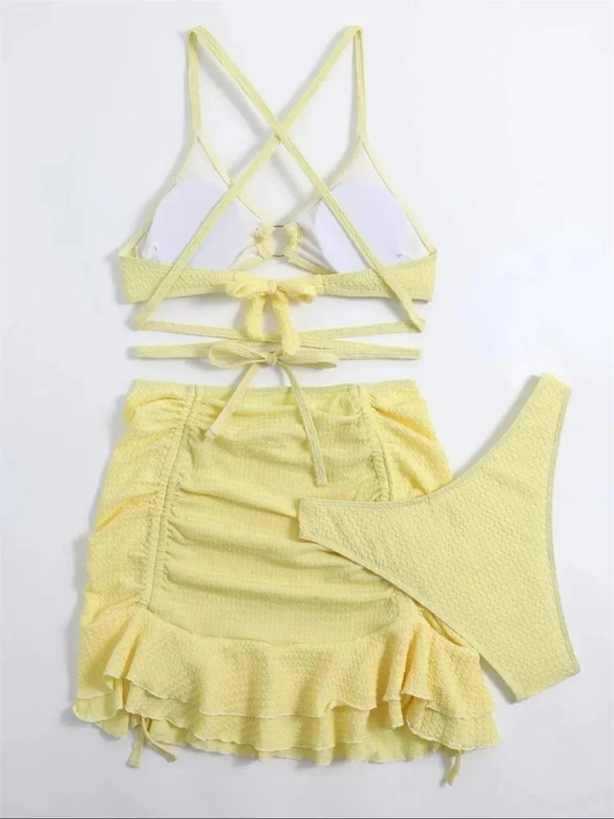 Sexy Yellow Bikini Women Solid Halter Ring Linked Criss Cross Cover Up 3 Piece Swimsuit  Bathing Suit Ruffles Skirt Swimwear
