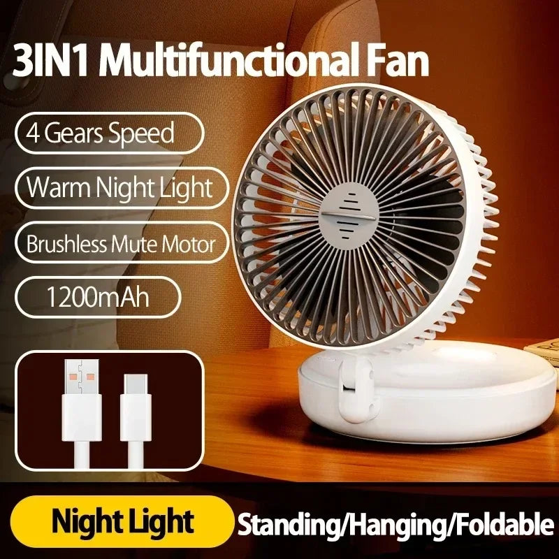 Home Office Rechargeable Table Fan Portable Air Conditioner Wall Mounted Fan 90° Folding Fan 4 Gears with Warm Night Light Home Cooling Accessories