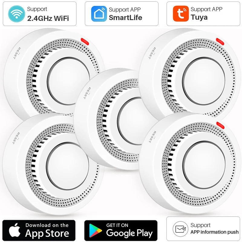 1/2/3/4//5 PCS Set Wi-Fi APP Control Remote Smoke Detector Wireless Photoelectric Sensor Fire Alarm Home Kitchen Hotels Business Mall Factory Security System Work with Smart Life Alert Sound Alarm