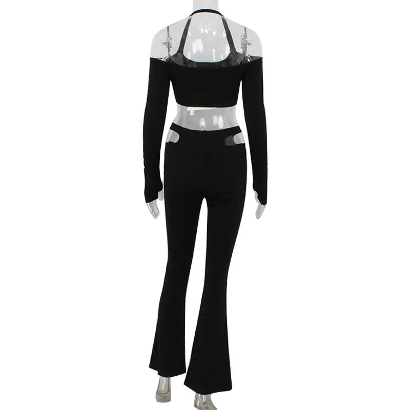 2 PCS Set Black/White Color Women's Tube Top One-Word Shoulder Cross Neck Short Top High Waist Flared Pants Slim Spice Girl Suit NEW Fashion Street Trend