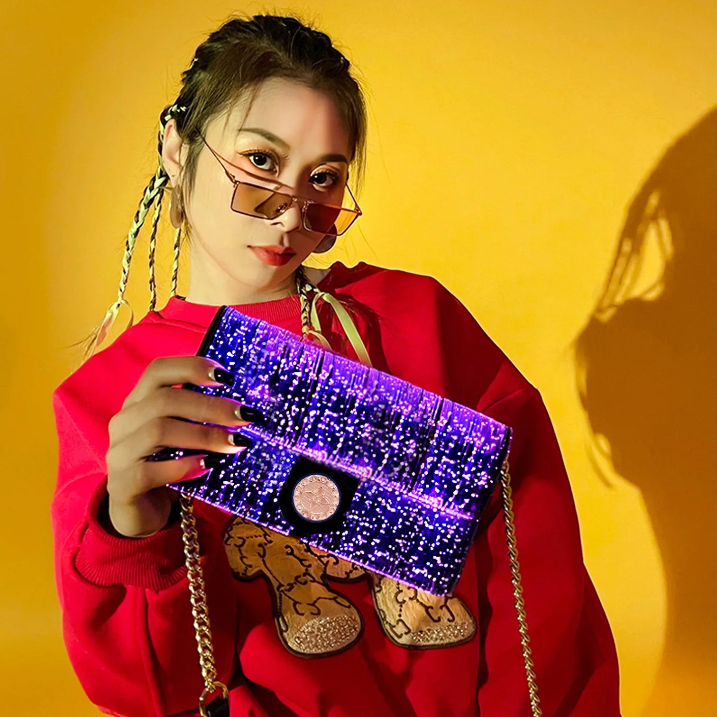 NEW Arrivals Luxury Colorful Luminous Square Reflective Light Bags For Women Ladies LED Light Shoulder Bag Optical Fiber Fabric Crossbody Purse Female Girls Luxury Fashion Apparel Accessories Supplies