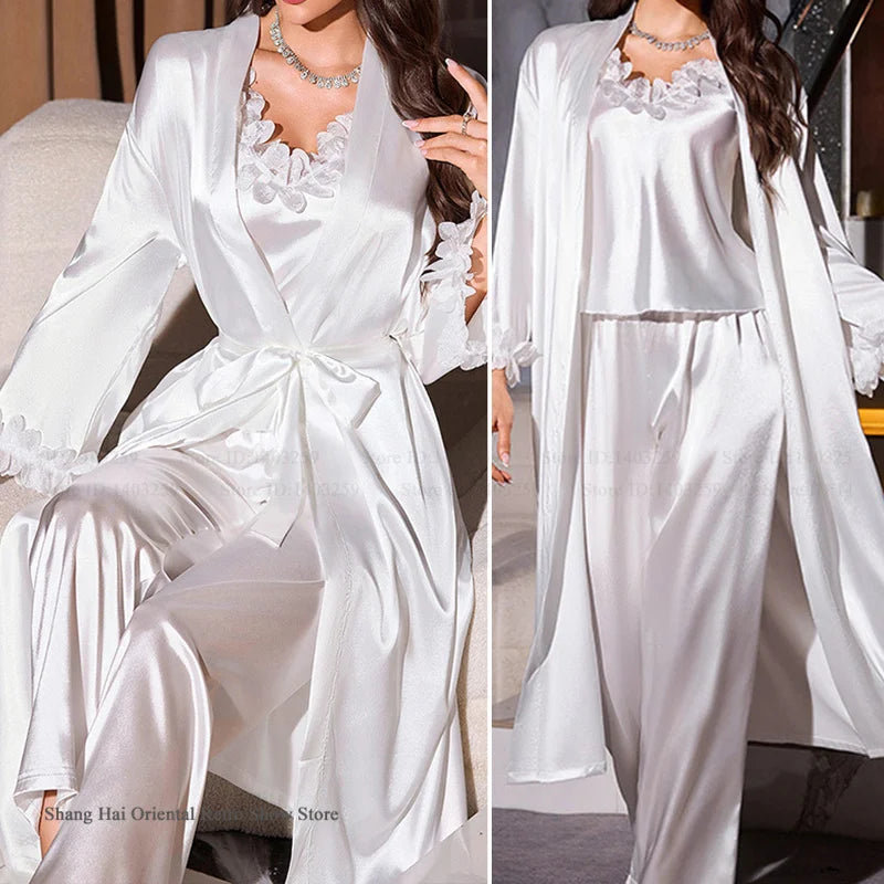 NEW 3PCS Set S-XL 6 Colors Ice Silk Luxury Spring Autumn New Female Honeymoon Pajamas Sleepwear Sexy Lace Long Bath Robe Kimono Gown Home Wear Loose Satin Loungewear