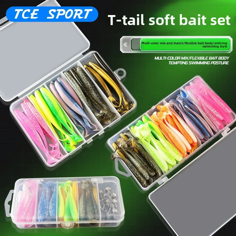 100 PCS Set High-Quality Soft Two-Tone Tail Luminous Glow in the Dark Night Fishing Lures Soft Bait Fake Bait with Lead Head Hook River Ocean Lakes Fishing Accessories Tools Set