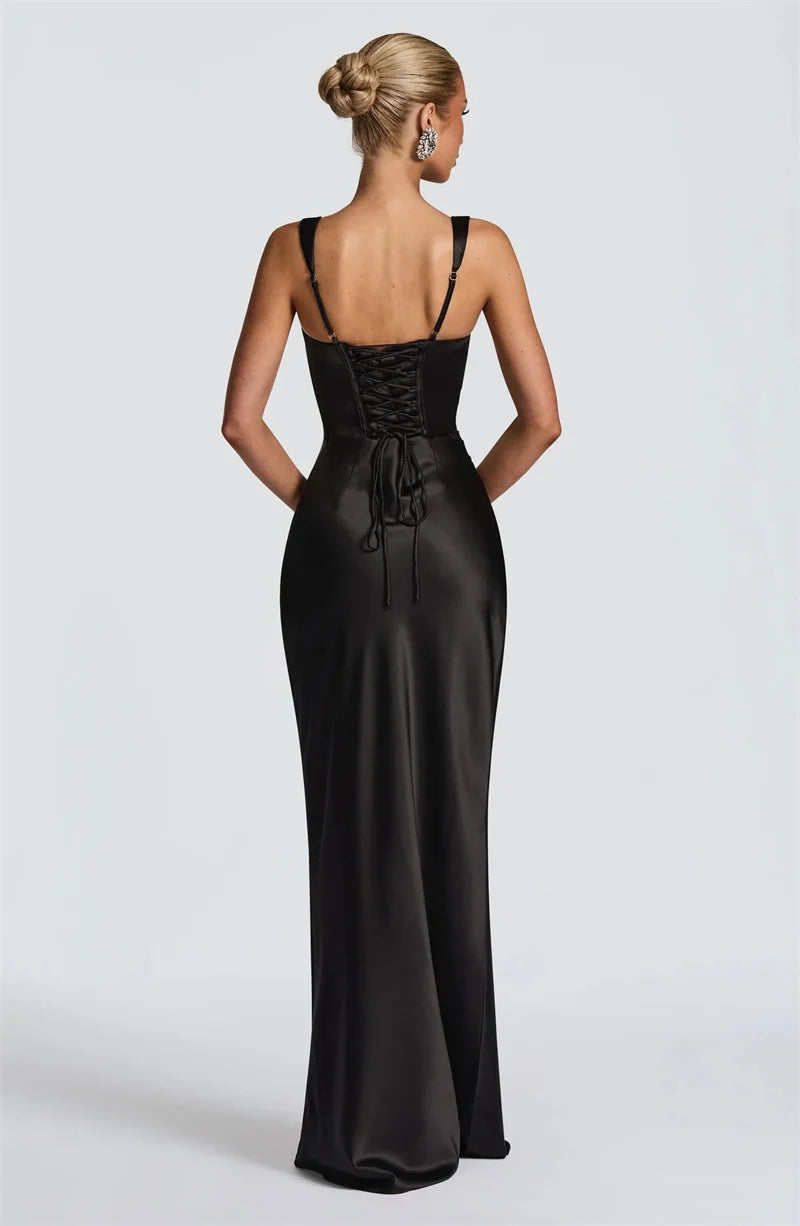 4 Colors  Satin Backless UK Size Sexy Luxury Maxi Dress Women Elegant Halter Off-Shoulder Sleeveless Lace-Up Bodycon Evening Wedding Guest Business Party Celebrity Long Dresses.