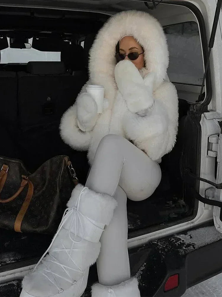 Black/White Color Winter Warm Fur Short Overcoat Women Solid Patchwork Full Sleeve Hooded Loose Thicken Coat Lady Daily Commute Winter Outwear