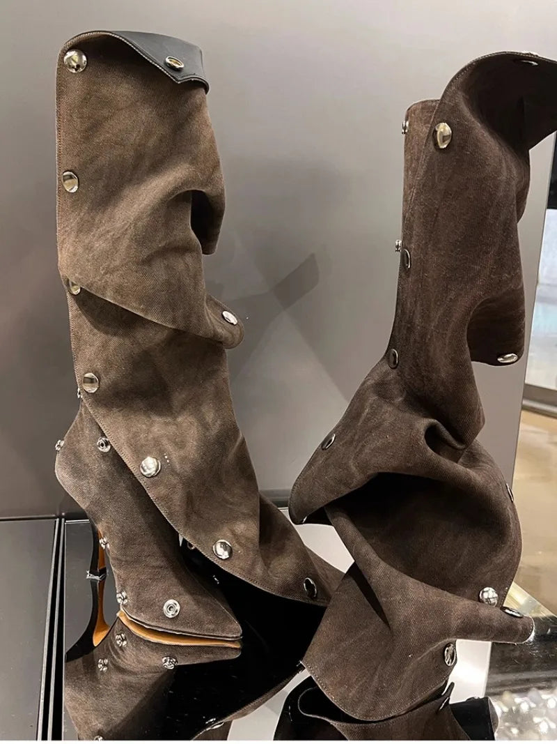 Just Arrived 7 Colors High Heel Long Boots for Women Botte Winter Boots Shoes Botas Mujer Thin Heeled Pointed Leather Denim Metal Button Shoe s Women Casual Apparel Accessories