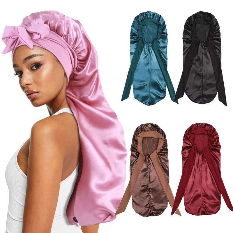 Soft Silky Long Satin Bonnet For Women Natural Hair And Curly Hair Extra Large Size Hair Cap With Tie For Comfortable Night Sleep Hair Protection