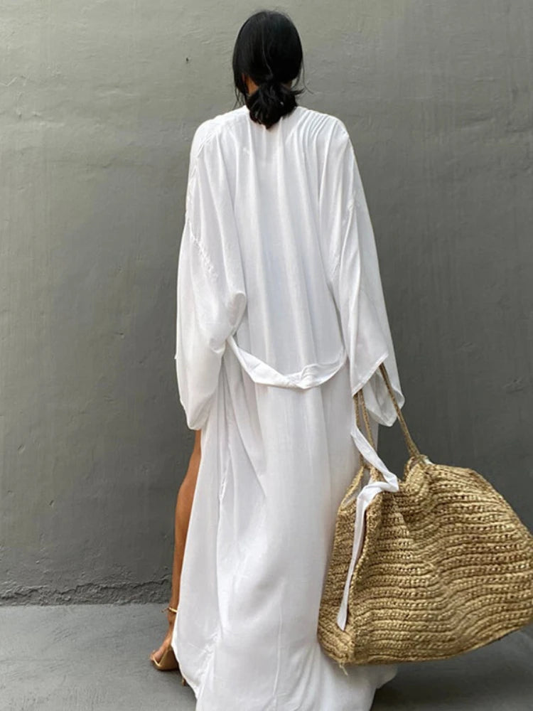Solid Beach Cover Up Women Self Belted Wrap Kimono Dress Swimsuit New Robe Summer Beachwear Factory Supply