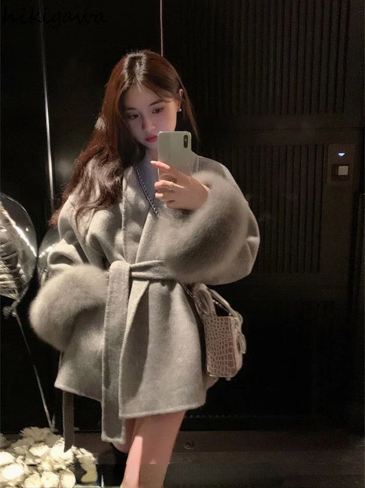 Low-Price Sales are Limited NEW Arrivals Women Patchwork Furry Long Sleeve Bandage Outwear Korean Y2K Clothes Solid Color Jackets Snow Winter Outwear Evening Nightclub Party Coats Ladies Girls Luxury Fashion Clothing Supplies