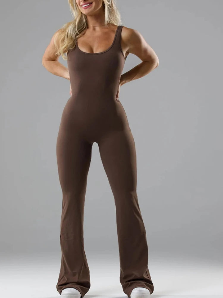5 Colors S-XL Size Women's Fitness Flared Bodysuit Sexy Backless Fitness Tight Waistband Hipless Yoga Bodysuit V Back Waistband Hip Lift Female Apparel Sports Clothing Supplies
