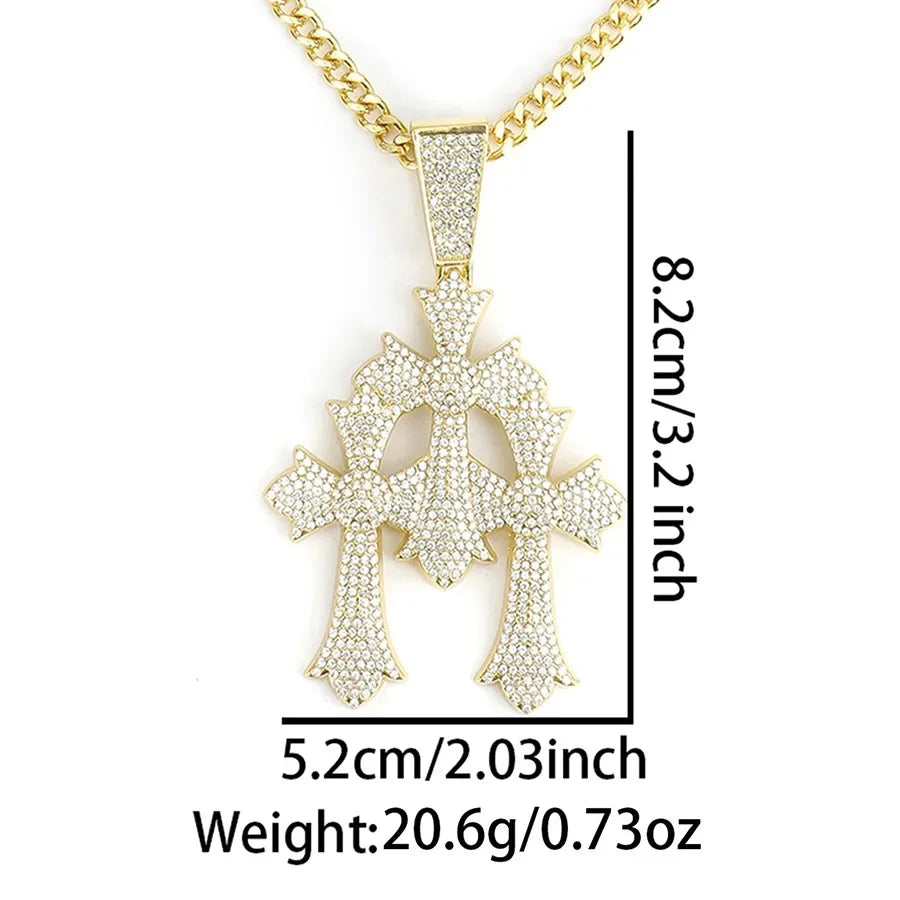 Three Crosses Classic Retro Mosaic Pendant Cuban Chain Trendy Hip Hop Pendant Necklace Women and Men Jewelry Accessories