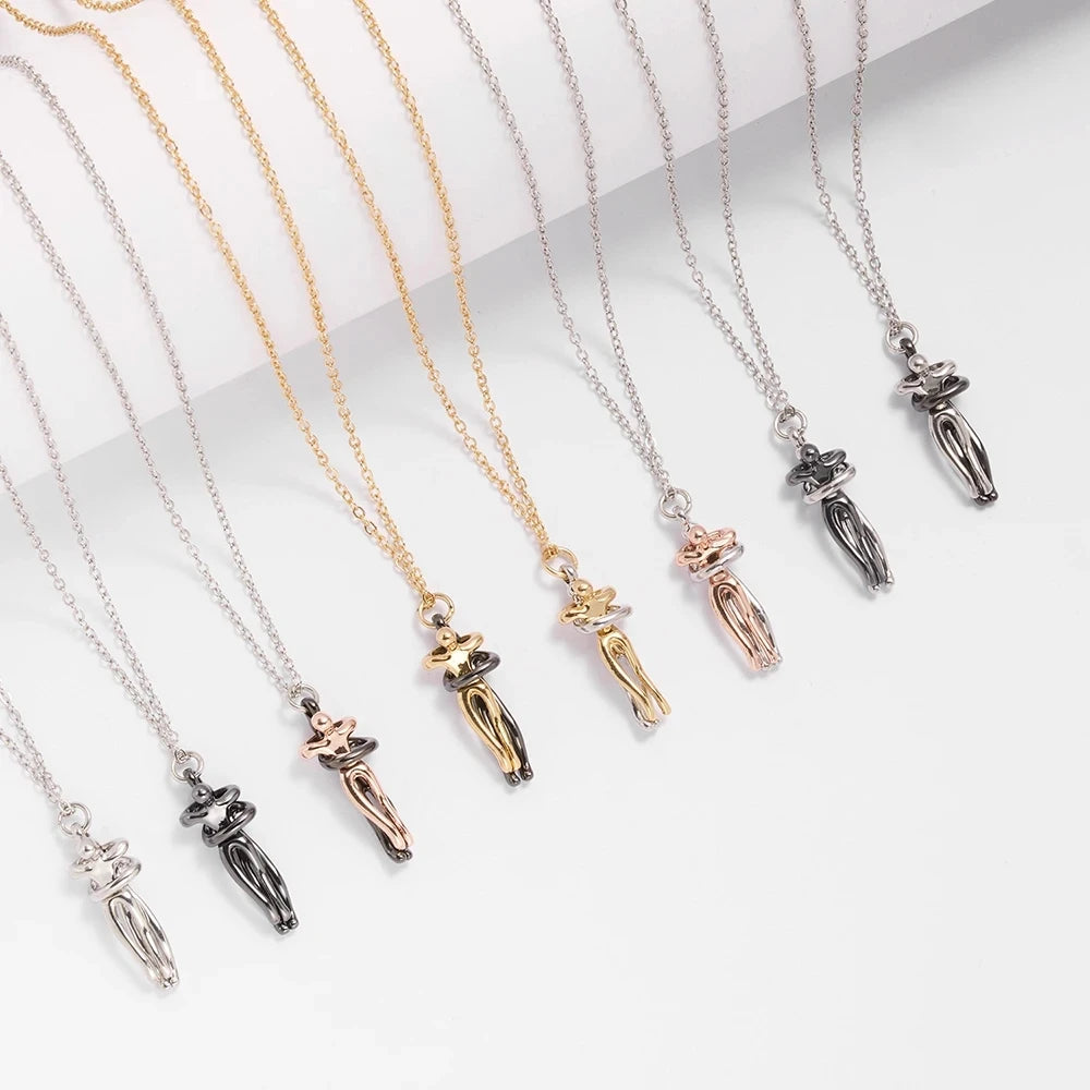 Hug Couples Pendant Necklace 50cm Chain for Him and Her, The Tale of Two Lovers Jewelry, Affectionate Hug Necklaces Couple for Women Men