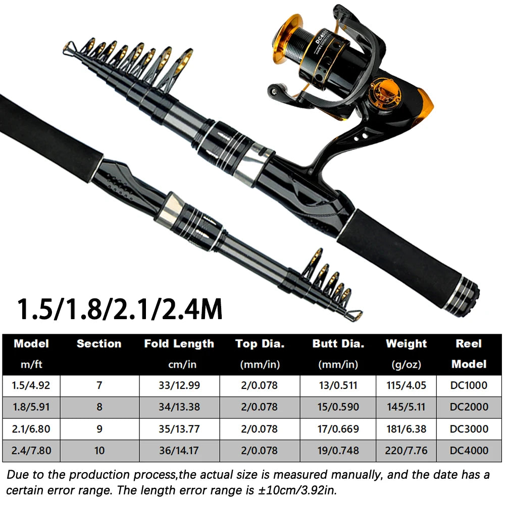 1.5/1.8/2.1/2.4M Rod + Reel 1000- 4000 Series Set Telescopic Spinning Fishing Rod 1.5-2.4M and 1000-4000 Reel Combo Portable Rod  For Seawater/Freshwater Carp Fishing Sets
