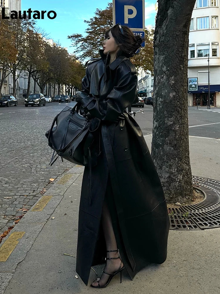 S-XL Size  Spring Autumn Extra Long Black PU Leather Trench Coat for Women with Back High Slit Luxury Chic European Fashion