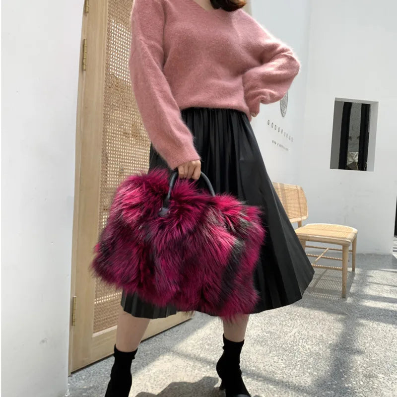 NEW Arrivals Luxury Real Fox Fur Bag Woman Crossbody Bags Furry Casual Fur Handbag Shoulder Bags Clutch Bag Fuzzy Luxury Evening Party Travel Wedding Birthday Party Bag Ladies Luxury Fashion Apparel Accessories Clothing Suppl