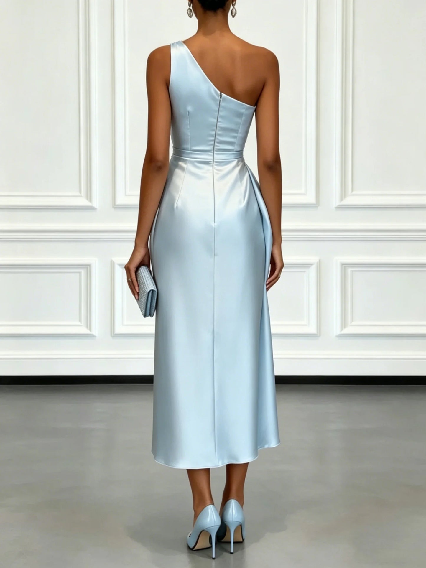 S-2XL UK Size One Shoulder Luxury Satin Midi Dress With Ruched Waist Elegant Sleeveless Evening Wedding Guest Business Party Formal Gown Ladies Outfits.