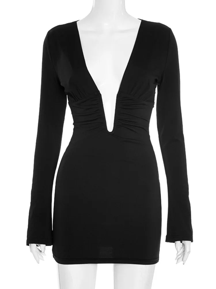 Sexy Hot Girls Deep V Neck Long Flare Sleeve Sexy Mini Dress Women Autumn Winter Spring Fashion High Waist Ruched Night Club Party Prom Dresses Female Sexy Clothing Supplies