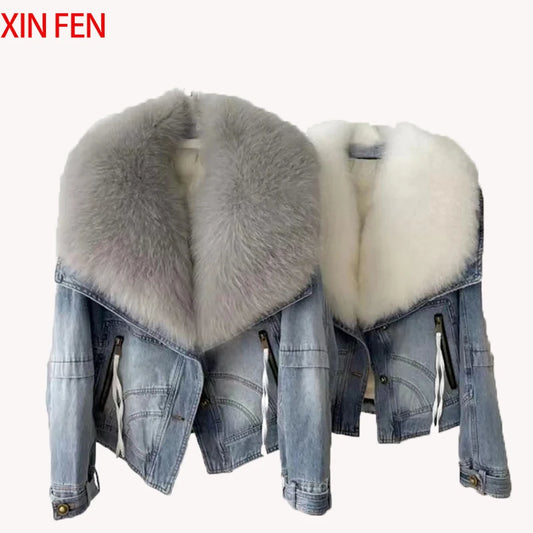 Winter Women New Luxury Natural True Fox Fur Big Collar Goose Down Denim Down Jackets Short Warm Casual  Jacket Coat
