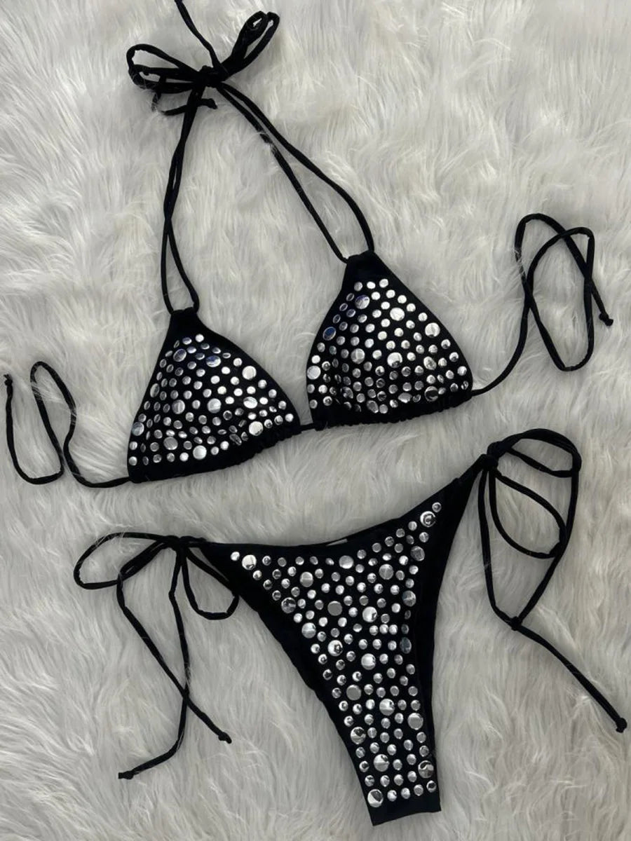 5 Colors UK Size Halter Metallic Sequins Sexy Bikini Women Swimsuit Female Swimwear 2 PCS Bikini Set Bather Bathing Suit Swim Lady Beachwear Women's Summer Beach Outfits